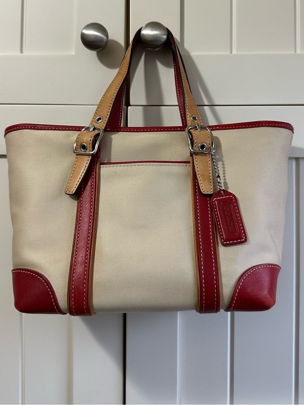 Vintage Coach Hampton Small Tote Cream Canvas Tote with Red and Tan Leather Trim